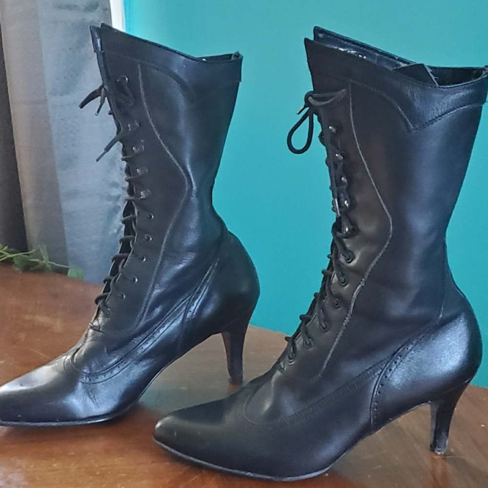 Vintage Black Victorian Granny Mid Calf Lace up Boots